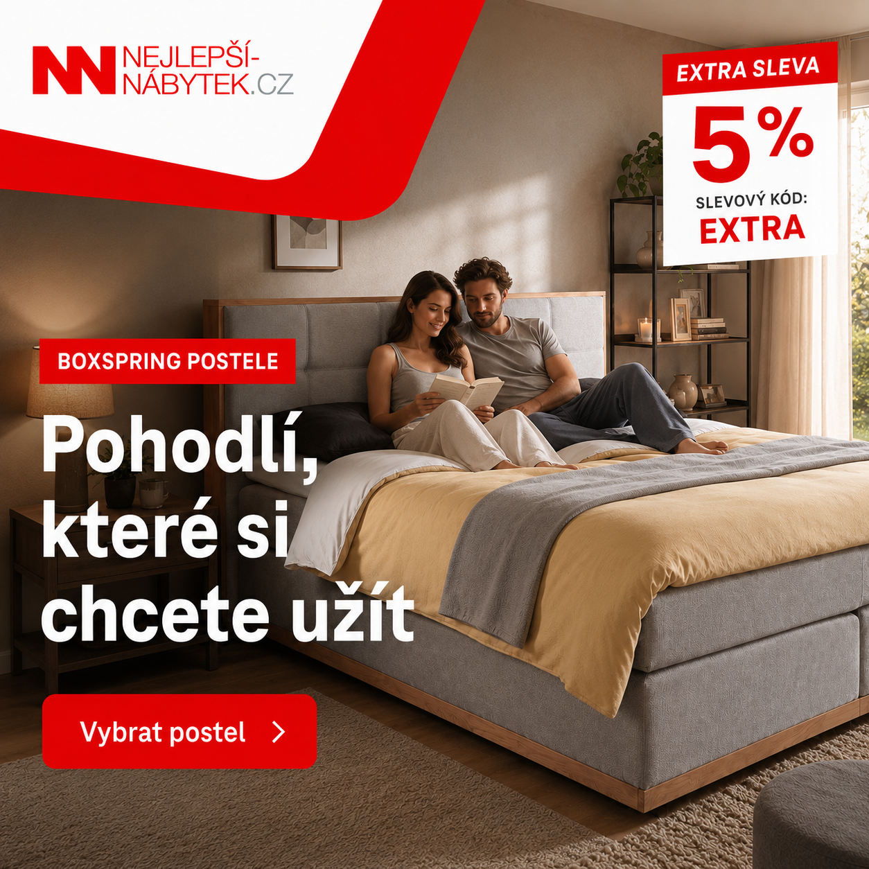 Tmavá ložnice s čalouněnou boxspring postelí