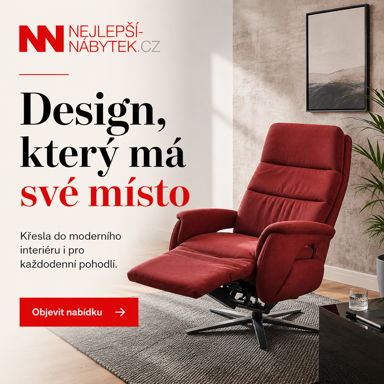 Designové červené polohovací křeslo v interiéru