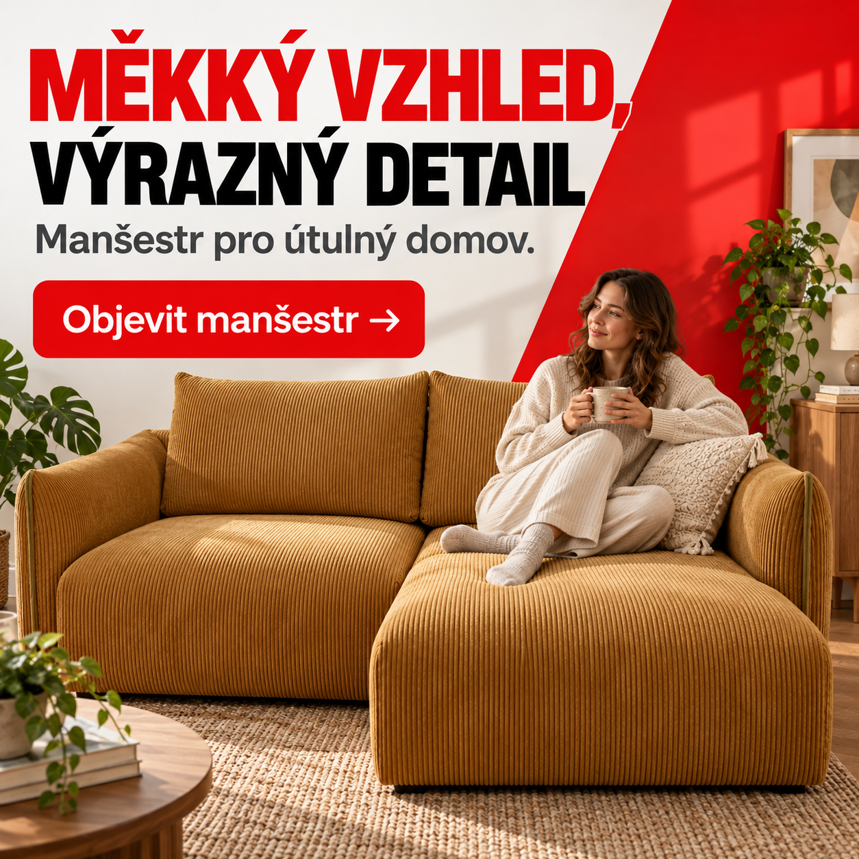 Manšestrová sedací souprava v útulném interiéru
