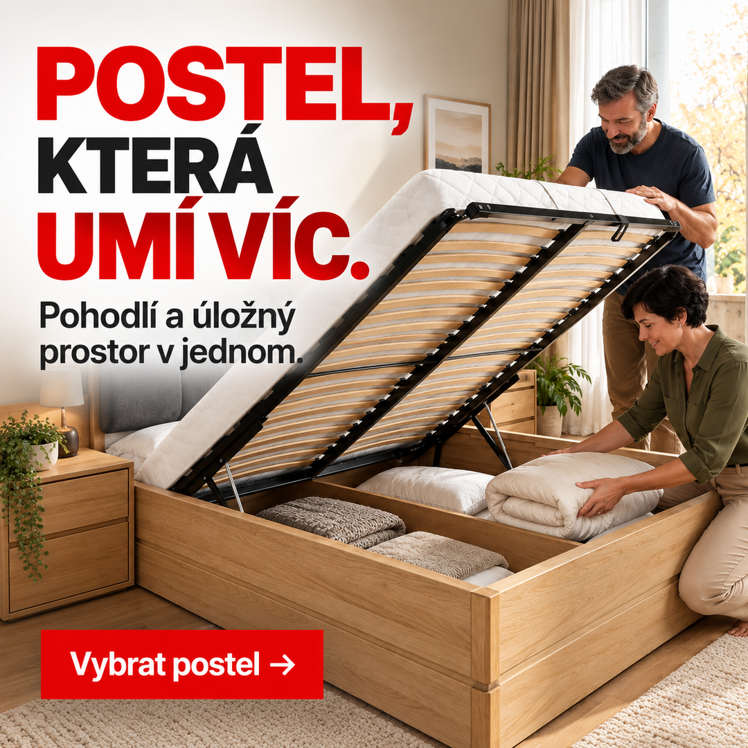 Postel s výklopným roštem a úložným prostorem