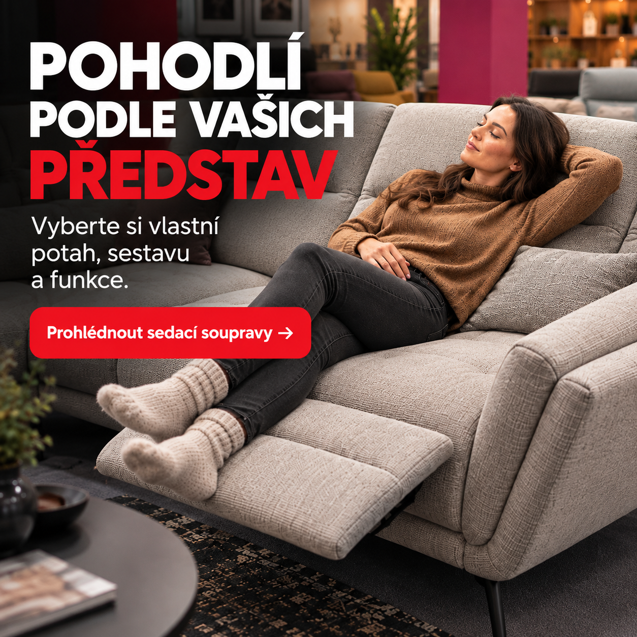 Nabídka sedacích souprav s volitelnými potahy a funkcemi