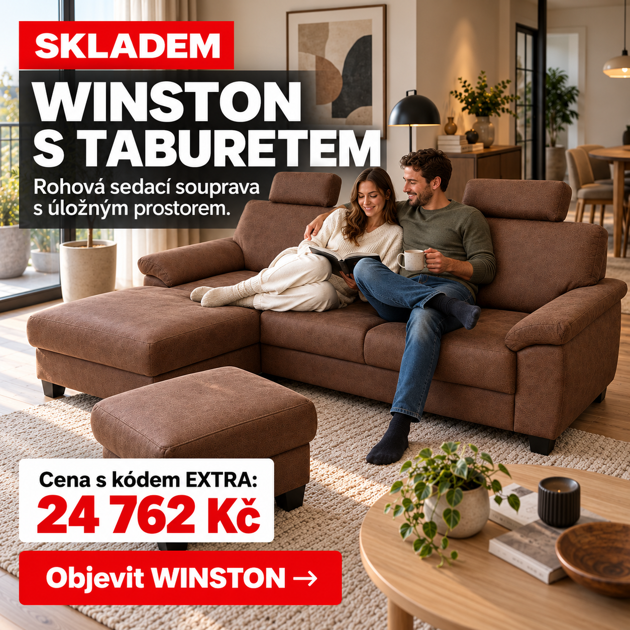 Skladová rohová sedací souprava WINSTON s taburetem