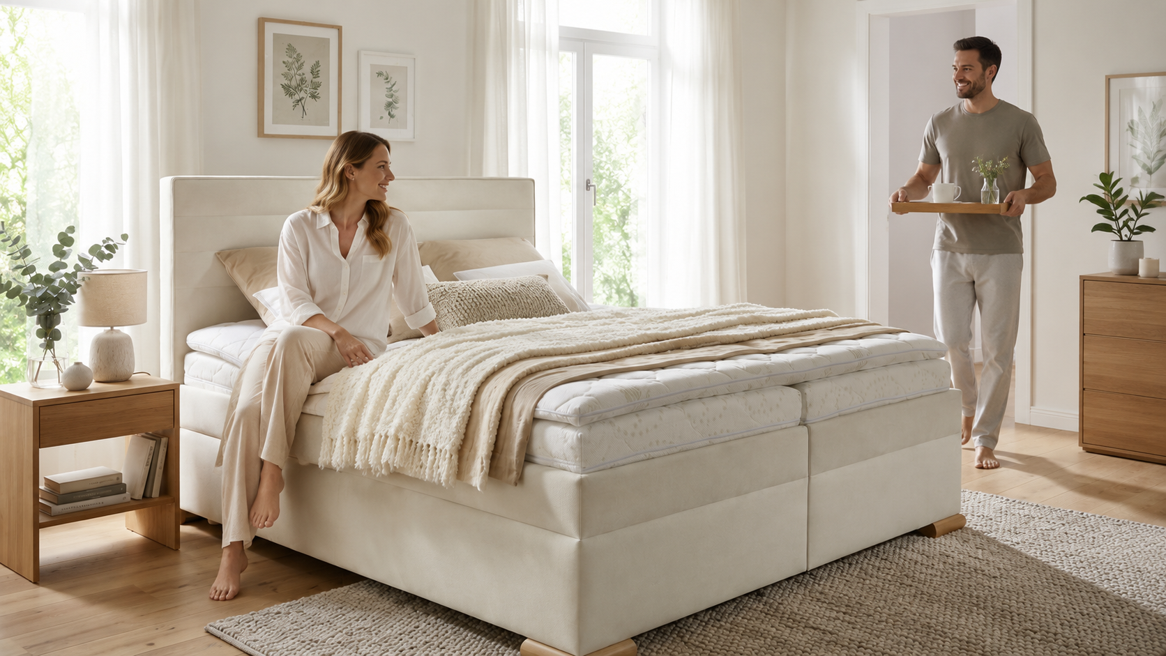 Světlá ložnice s boxspring postelí