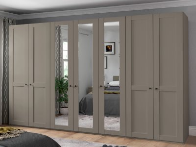 Šatní skříň MARLOW, 7-dveřová se 3 zrcadly – 350 cm, Kieselgrau