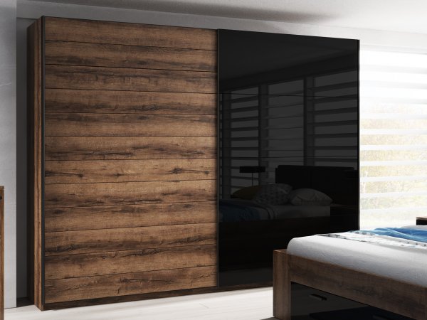 Šatní skříň s posuvnými dveřmi GALAXY dub Monastery/černý lesk