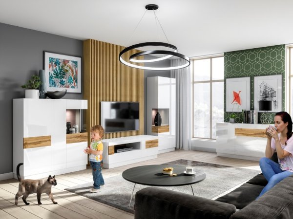 Nábytek do obývacího pokoje SILKE IV bílá/bílý lesk - dub wotan