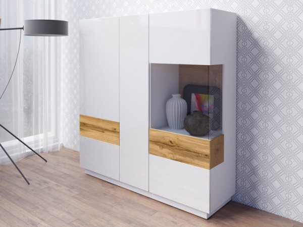 Nábytek do obývacího pokoje SILKE II bílá/bílý lesk - dub wotan