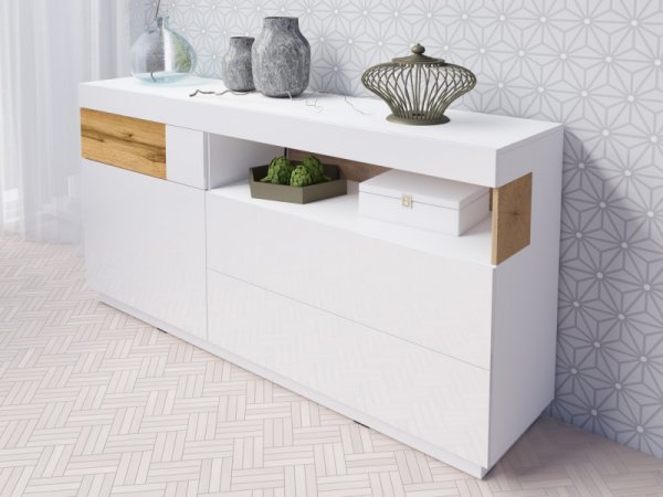 Nábytek do obývacího pokoje SILKE II bílá/bílý lesk - dub wotan