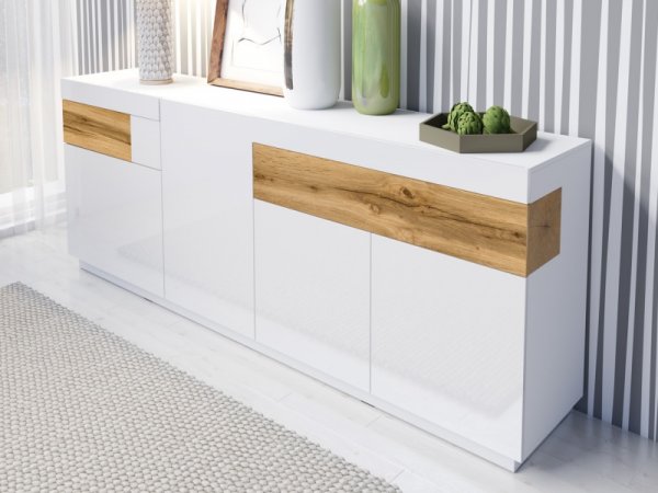 Nábytek do obývacího pokoje SILKE III bílá/bílý lesk - dub wotan