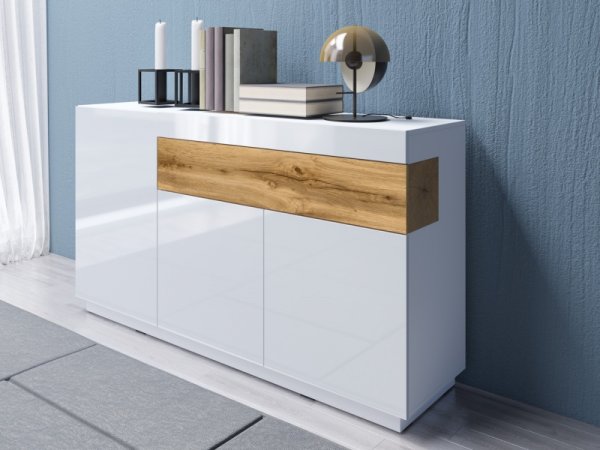 Nábytek do obývacího pokoje SILKE III bílá/bílý lesk - dub wotan