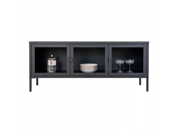TV stolek Brisbane, 3 skleněné dveře, kov, černý, 130×40×55 cm – House Nordic