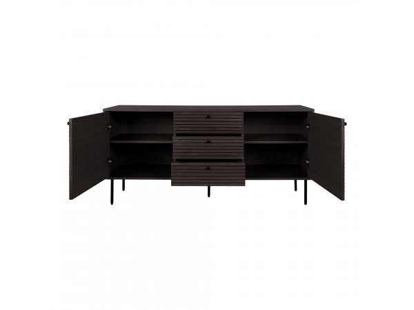 Kyoto skříňka, 3 zásuvky, 2 dvířka, kouřová dýha, černé kovové nohy, 150×40×74 cm – House Nordic