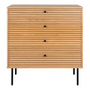 Komoda Kyoto, 4 zásuvky, dubová dýha, přírodní, černé kovové nohy, 80×40×85 cm – House Nordic