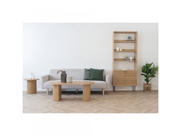 Knihovna Kyoto, 2dveřová, 4 police, dubová dýha, přírodní, černé kovové nohy, 80×30×200 cm – House Nordic