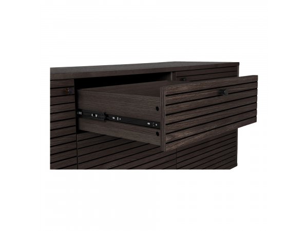 Kyoto skříňka, 3 zásuvky, 2 dvířka, kouřová dýha, černé kovové nohy, 150×40×74 cm – House Nordic