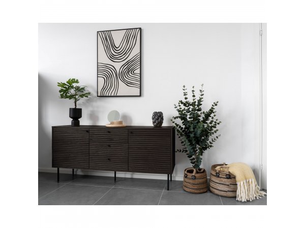 Kyoto skříňka, 3 zásuvky, 2 dvířka, kouřová dýha, černé kovové nohy, 150×40×74 cm – House Nordic