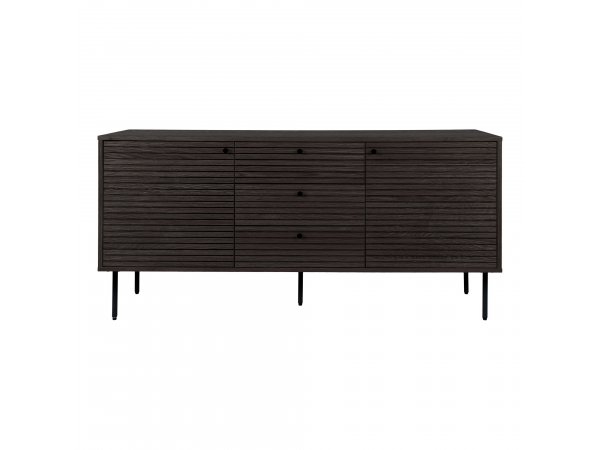 Kyoto skříňka, 3 zásuvky, 2 dvířka, kouřová dýha, černé kovové nohy, 150×40×74 cm – House Nordic