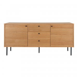 Komoda Kyoto, 3 zásuvky, 2 dvířka, dubová dýha, přírodní, černé kovové nohy, 150×40×74 cm – House Nordic