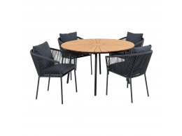 Zahradní jídelní set Cleveland & Salerno, 4 křesla a kulatý stůl, teak a černý kov – House Nordic