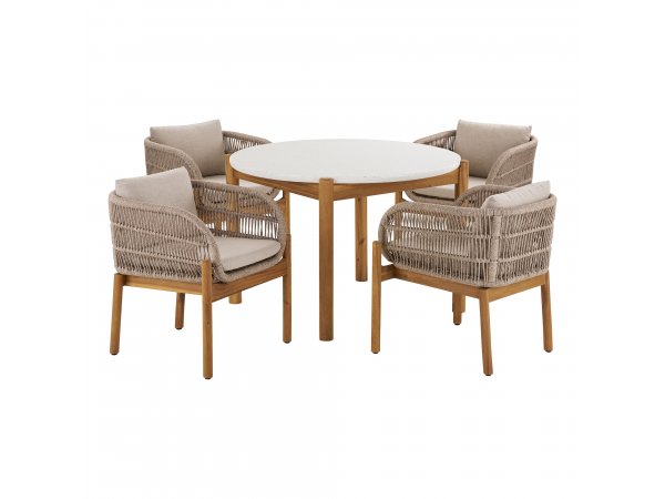 Zahradní set Terracina, 4 křesla a stolek, béžový plastový výplet a akáciové dřevo – House Nordic