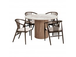 Jídelní set Athens & Agustin, stůl Ø120×76 cm + 4 židle, bílá / tmavě hnědá / písková – House Nordic