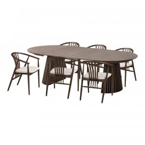 Jídelní set Osaka a Agustin, kulatý stůl + 6 židlí, kouřový dub/přírodní, Ø120 cm – House Nordic