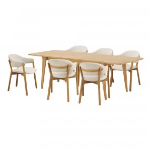 Jídelní set Darwin & Dunkirk, rozkládací stůl 59,5‑180×90×75/80 cm + 6 židlí, přírodní / béžová – House Nordic