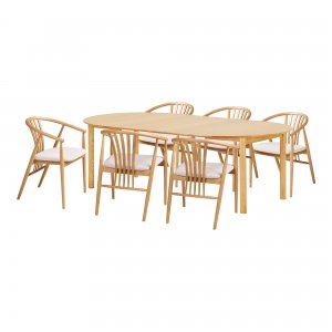 Jídelní set Bundaberg & Agustin, rozkládací stůl 57‑120×120×75/78 cm + 6 židlí, přírodní – House Nordic