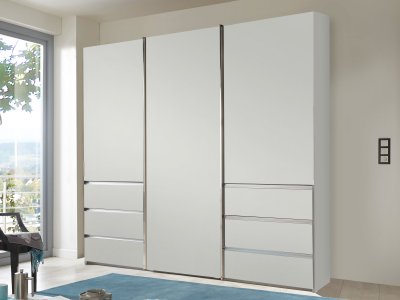 Šatní skříň s posuvnými dveřmi a zásuvkami MALIBU, bílá – 250 cm