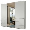 Šatní skříň s posuvnými dveřmi a zásuvkami MALIBU, bílé sklo / zrcadlo – 250 cm