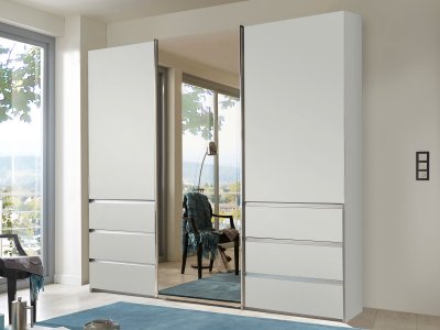 Šatní skříň s posuvnými dveřmi a zásuvkami MALIBU, bílé sklo / zrcadlo – 250 cm