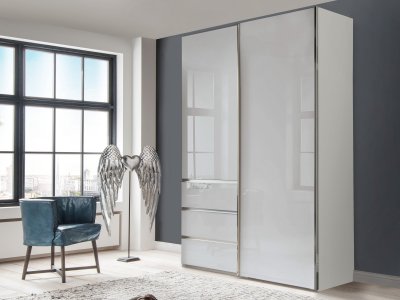 Šatní skříň s posuvnými dveřmi a zásuvkami MALIBU, bílé sklo – 165 cm