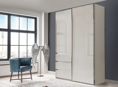 Šatní skříň s posuvnými dveřmi a zásuvkami MALIBU, sklo champagner – 165 cm