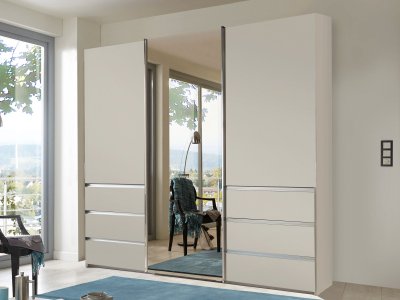 Šatní skříň s posuvnými dveřmi a zásuvkami MALIBU, dekor champagner / zrcadlo – 250 cm