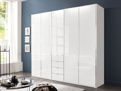 Moderní šatní skříň SHANGHAI 2 se zásuvkami - 250 cm, bílé sklo