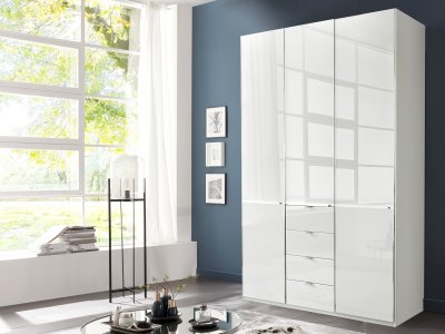 Moderní šatní skříň SHANGHAI 2 se zásuvkami - 150 cm, bílé sklo