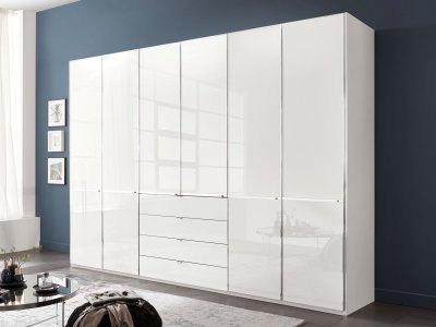 Moderní šatní skříň SHANGHAI 2 se zásuvkami - 300 cm, bílé sklo