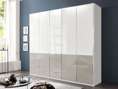 Moderní šatní skříň SHANGHAI 2 se zásuvkami - 250 cm, bílé sklo/Kieselgrau