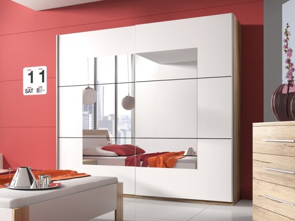 Skříň s posuvnými dveřmi se zrcadlem BETA dub San Remo/bílá