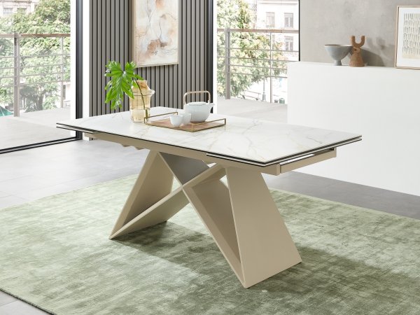 Rozkládací jídelní stůl JAMIRO sklo+keramika, bílý mramor, podnož béžová matná 180(220/260)x90