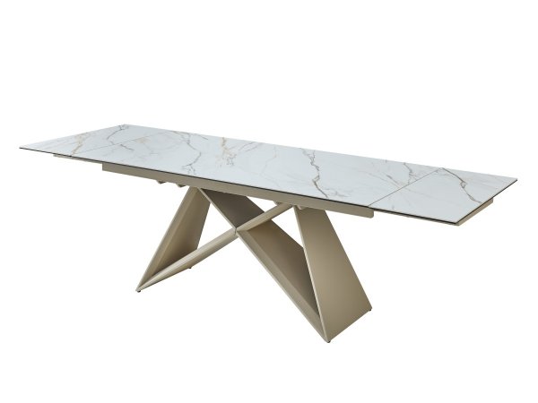 Rozkládací jídelní stůl JAMIRO sklo+keramika, bílý mramor, podnož béžová matná 180(220/260)x90