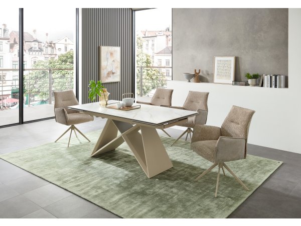 Rozkládací jídelní stůl JAMIRO sklo+keramika, bílý mramor, podnož béžová matná 180(220/260)x90