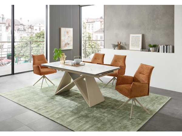 Rozkládací jídelní stůl JAMIRO sklo+keramika, bílý mramor, podnož béžová matná 180(220/260)x90