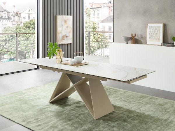 Rozkládací jídelní stůl JAMIRO sklo+keramika, bílý mramor, podnož béžová matná 180(220/260)x90