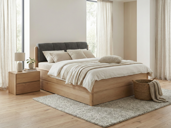 Postel s úložným prostorem včetně roštu 180x200 ATLANTA typ 18 dub přírodní, látka D'ORO 5110 Grafit