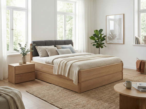 Postel s úložným prostorem včetně roštu 180x200 ATLANTA typ 18 dub přírodní, látka D'ORO 5110 Grafit