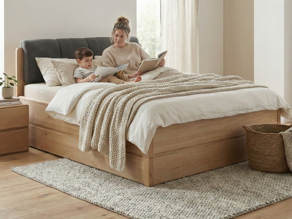 Postel s úložným prostorem včetně roštu 180x200 ATLANTA typ 18 dub přírodní, látka D'ORO 5110 Grafit