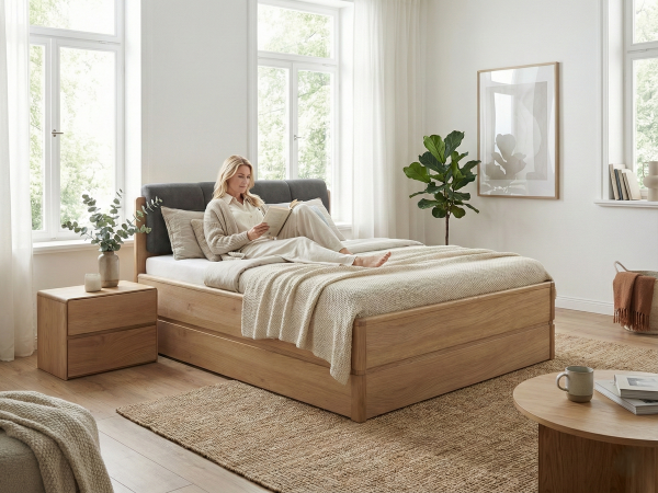 Postel s úložným prostorem včetně roštu 180x200 ATLANTA typ 18 dub přírodní, látka D'ORO 5110 Grafit