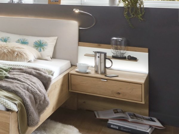 Moderní ložnice BARI 2 bílý dub/sklo champagne