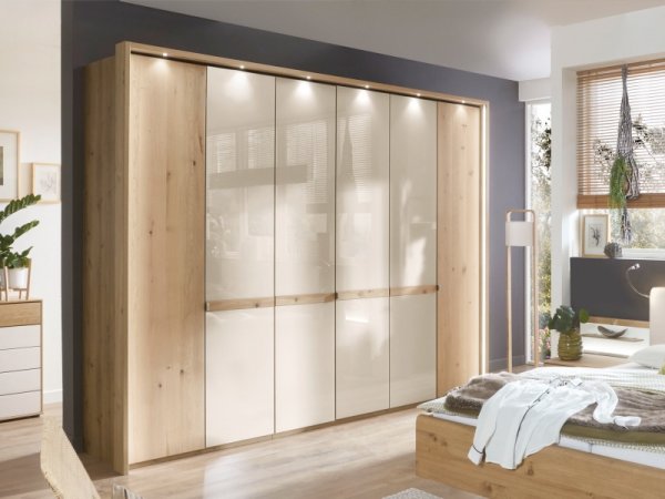 Moderní ložnice BARI 3 bílý dub/sklo champagne